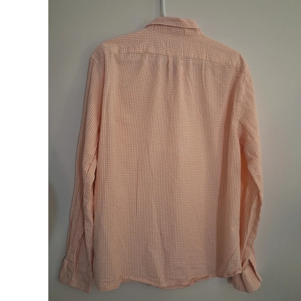 J. Crew Mens XL Slim Fit Organic Cotton Seersucker Gingham Shirt Orange White